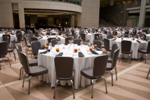 Banquet room with tables ready for guests.