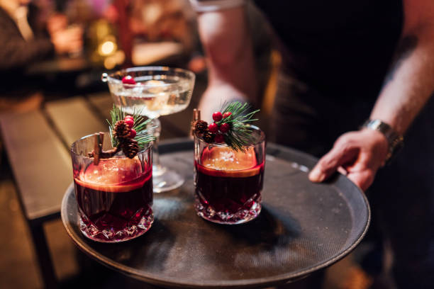 Christmas themed cocktails on a tray